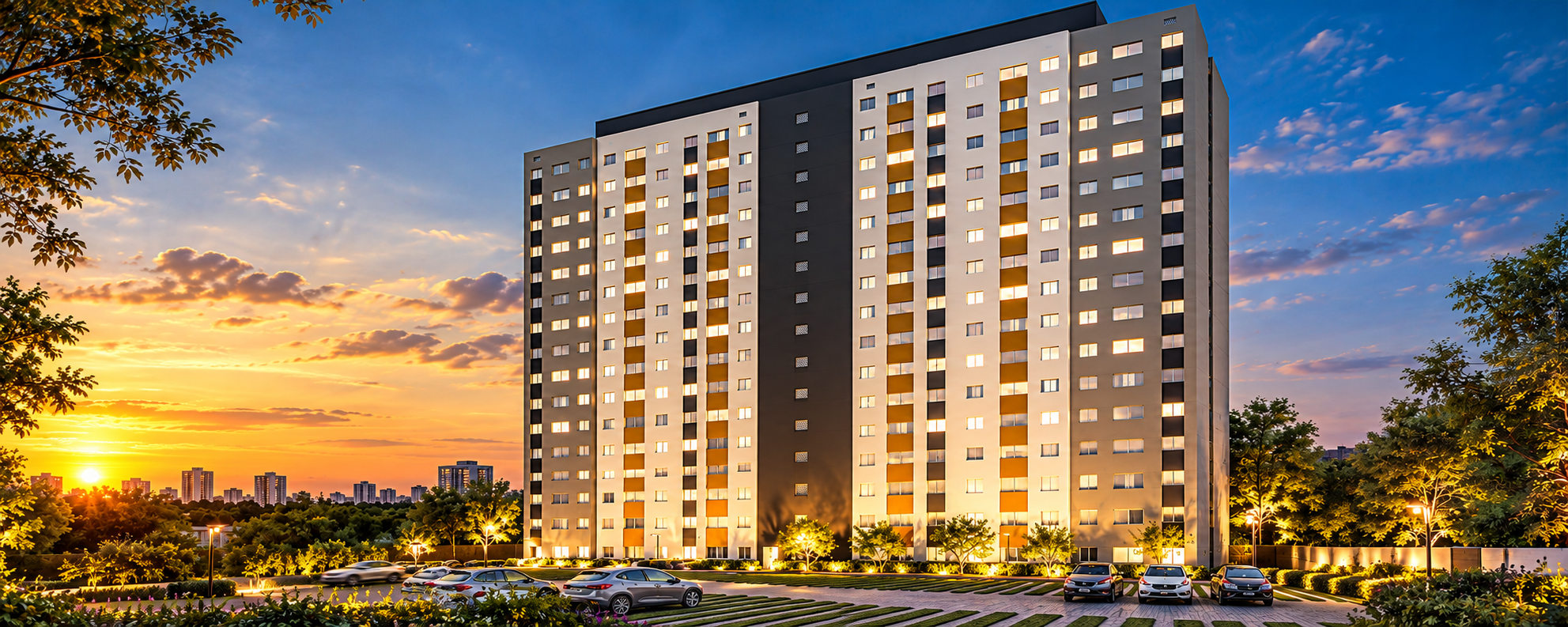 Fachada do MAXI OURO VERDE, empreendimento residencial em Campinas, com arquitetura moderna e iluminação externa
