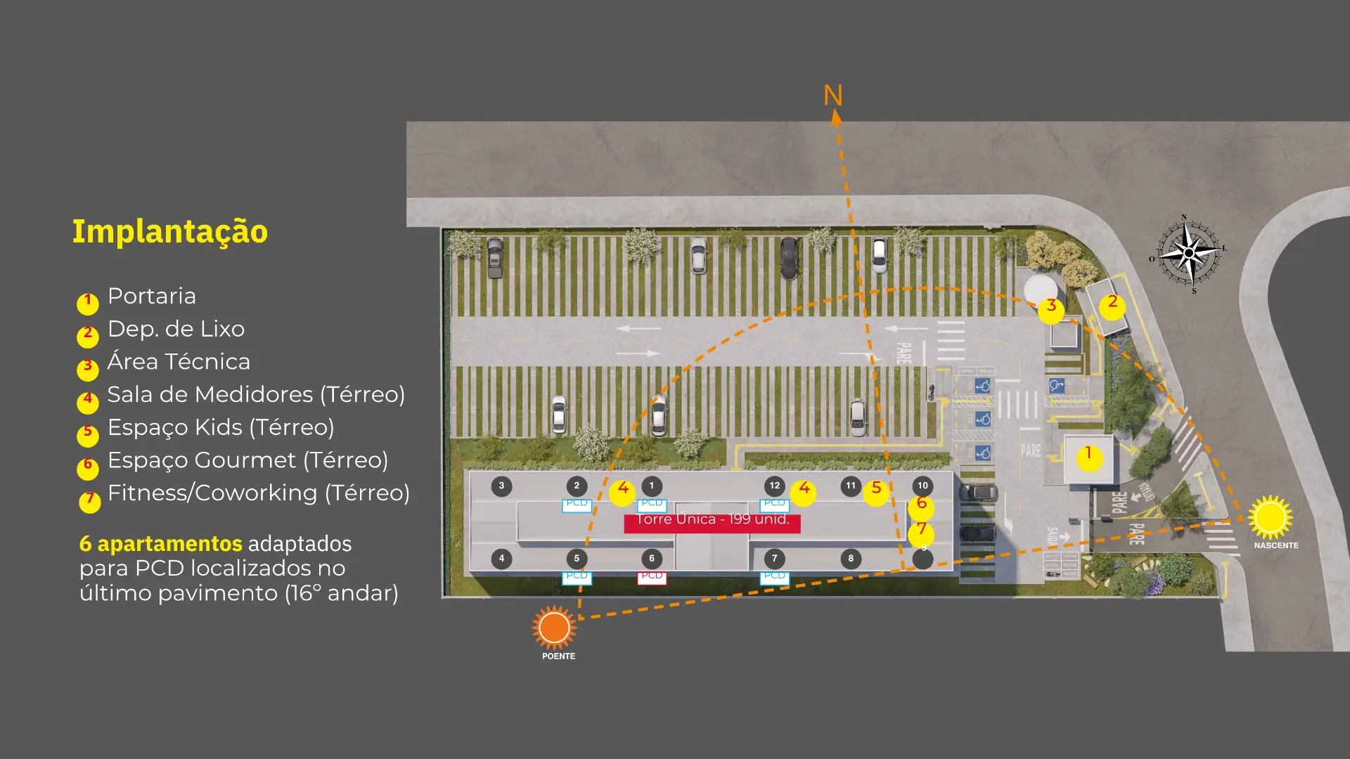 Implantação do MAXI OURO VERDE em Campinas: torre única com 199 unidades, portaria, espaço kids, espaço gourmet e fitness/coworking